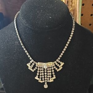 Silvertone Crystal Art Deco Statement Necklace